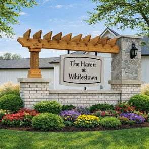 Welcoming entrance sign for "The Haven at Whitestown," surrounded by vibrant flowers and lush greenery, evoking warmth and tranquility.