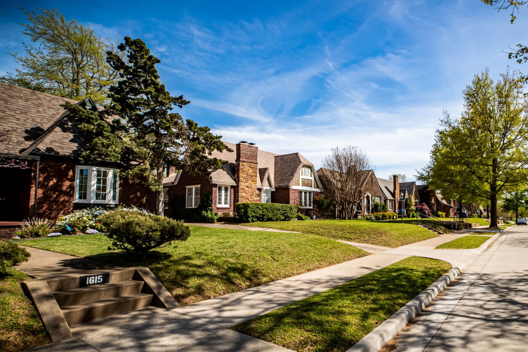 Charming tree-lined street with varied houses, gardens, and blue sky, evoking tranquility, warmth, and a sense of community.