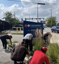 A group tends to plants near a Red Cross sign, showing teamwork and care for the environment on a warm, cloudy day.