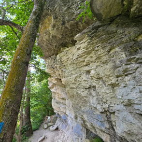 Rocky cliffside with lush greenery, evoking calmness and tranquility in a serene natural environment.
